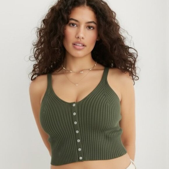 aerie Tops - Aerie Real Good Ribbed Forest Green Snap Buttoned Strappy Crop Tank Size Medium